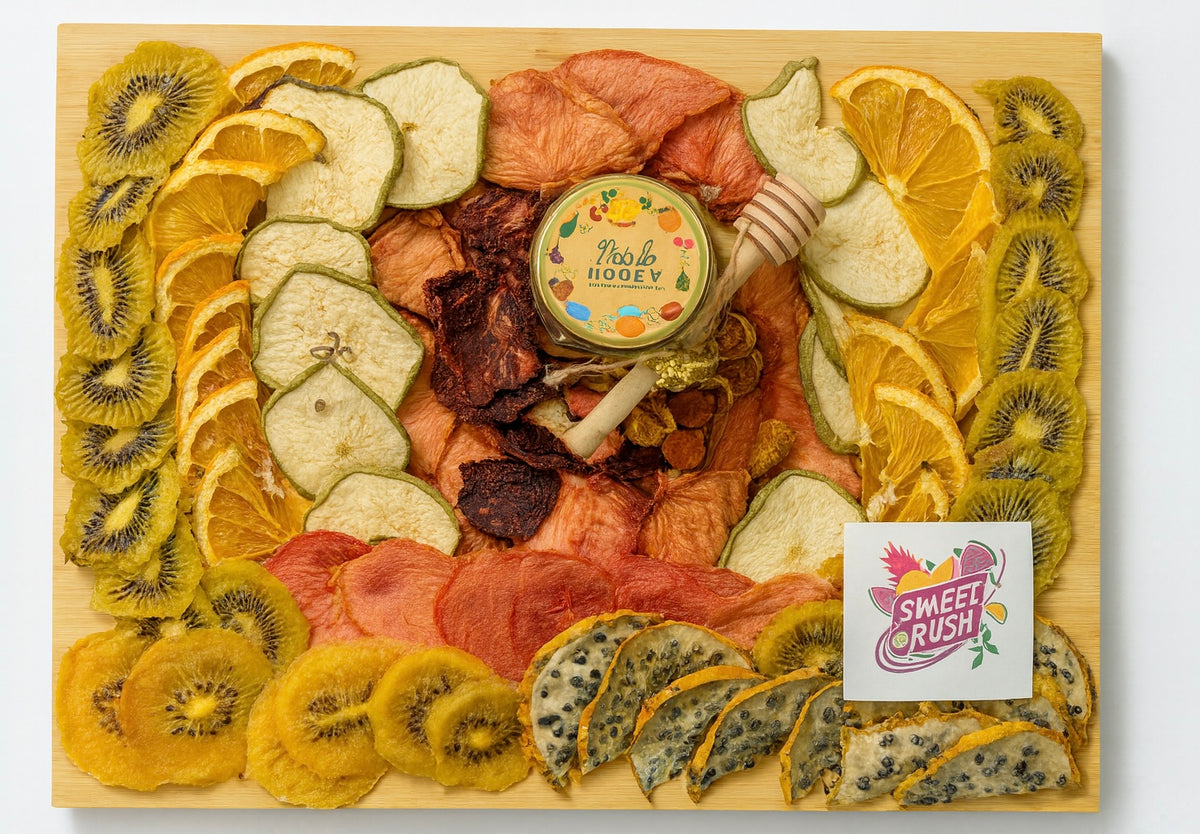 Dried fruits arranged in a decorative pattern with a jar of honey in the center, branded 'Sweet Rush'.